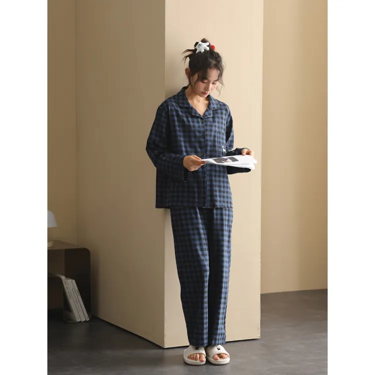 【美家臣】2025年新款睡衣女春秋针织棉长袖长裤套装格子开衫家居