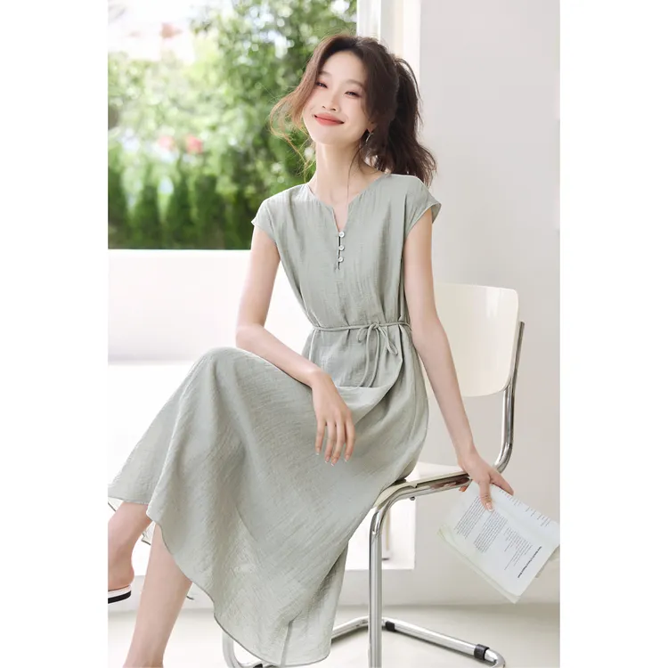 含亚麻度假气质长裙2025夏季新款舒适轻薄透气显瘦连衣裙
