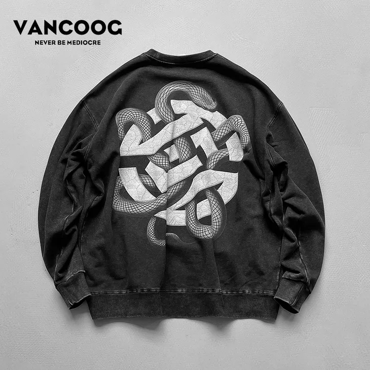 VANCOOG秋季美式宽松重磅做旧纯棉黑曼巴蛇印花套头圆领卫衣男潮