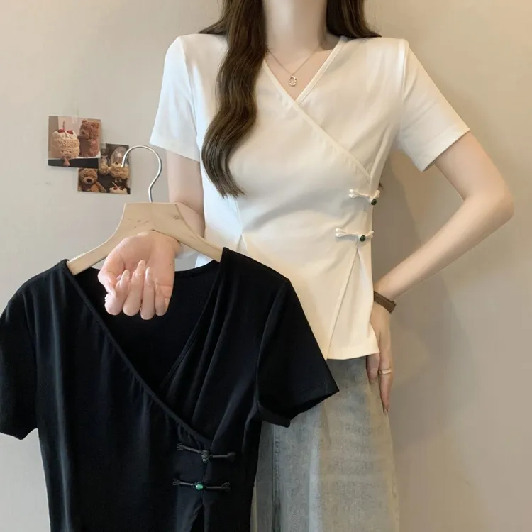 大码中式不规则盘扣短袖t恤女夏季2025新款胖mm修身显瘦遮肉上衣
