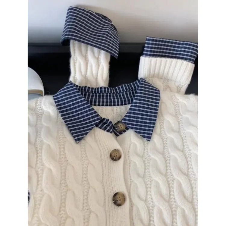 实价#绵羊绒#新款假两件格子Polo领撞色毛衣女秋冬宽松针织百搭