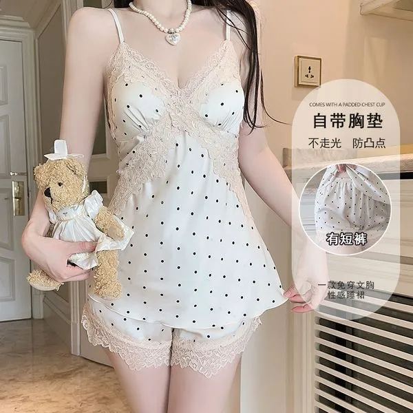 新款带胸垫吊带夏季波点圆点家居服套装透明睡衣文胸显瘦露背少女