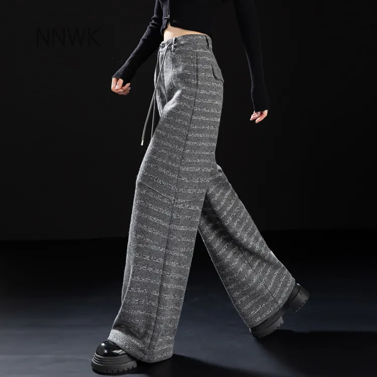 灰色条纹裤子2025年流行网红女裤秋冬毛呢裤阔腿裤休闲裤女直筒裤