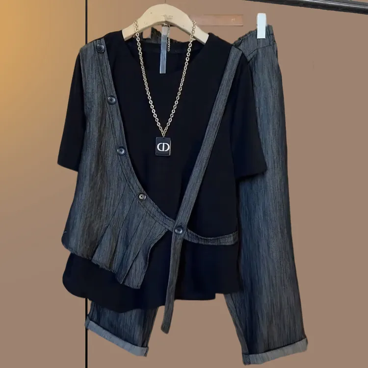 大码女装胖妹妹时尚套装夏季百搭休闲气质假两件上衣八分裤两件套