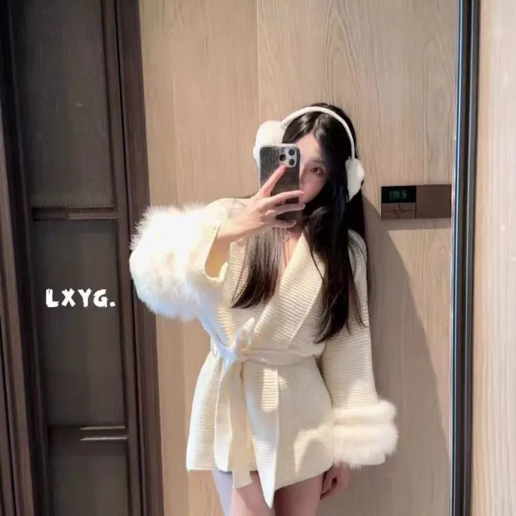 早春高级感气质翻领针织开衫女收腰加厚毛衣外套