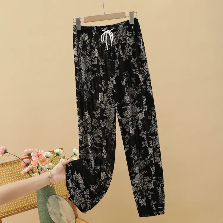 休闲大码宽松高腰显瘦束脚黑咖冰丝裤