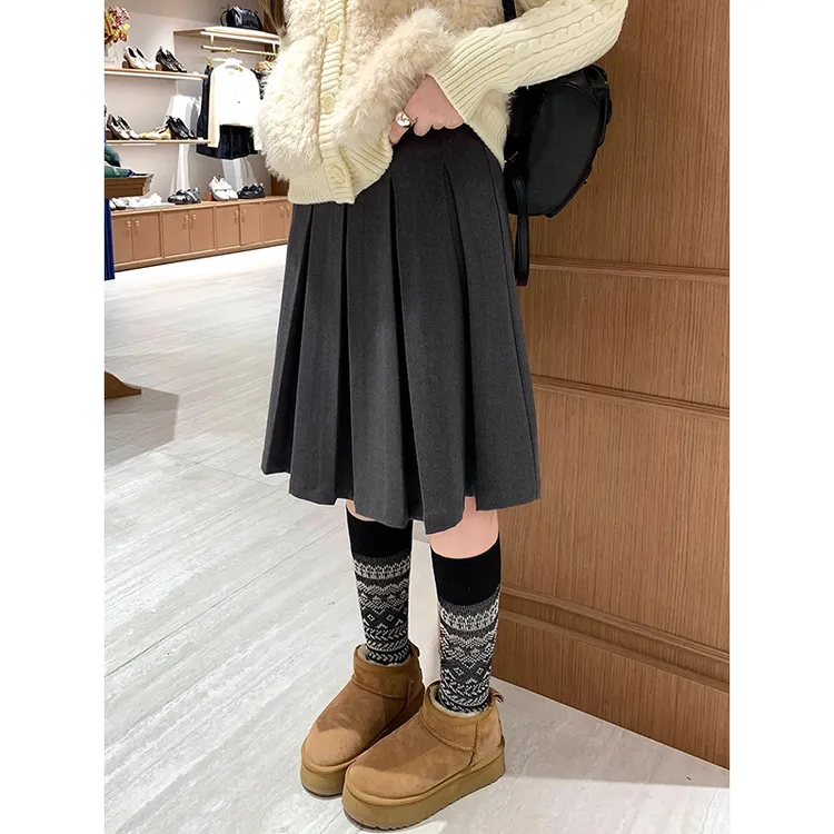 格雷系灰色加厚西装半身裙女秋冬季高腰百褶裙加厚中长款a字中裙