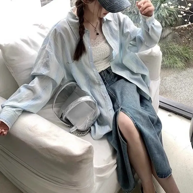 拼接纯色外套衬衣衬衫防晒宽松长袖夏季韩版慵懒风百搭蕾丝