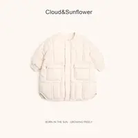 【云朵小葵】女童冬季新款白色长款方格圆领拉链款加厚保暖百搭棉服