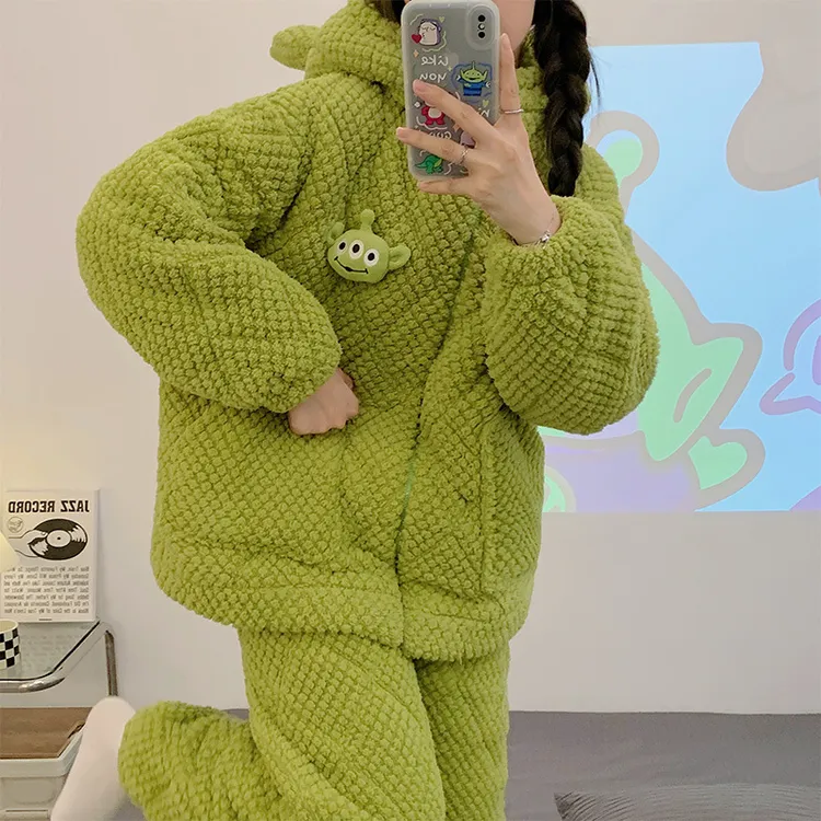 珊瑚绒睡衣女秋冬款三层夹棉袄2025新款加厚加绒法兰绒家居服冬天