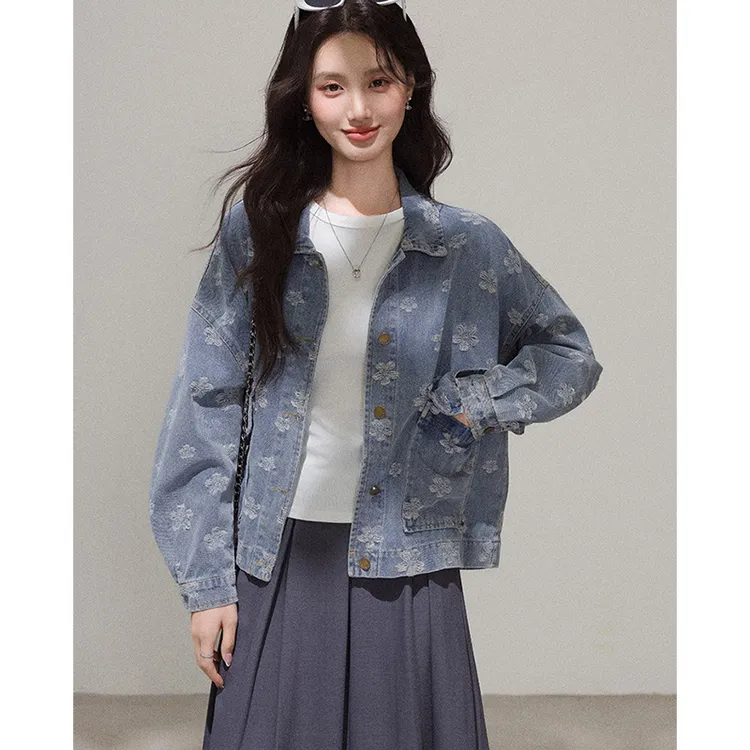 韩系百搭提花刺绣蓝色牛仔外套女2025秋季新款设计感复古港风上衣