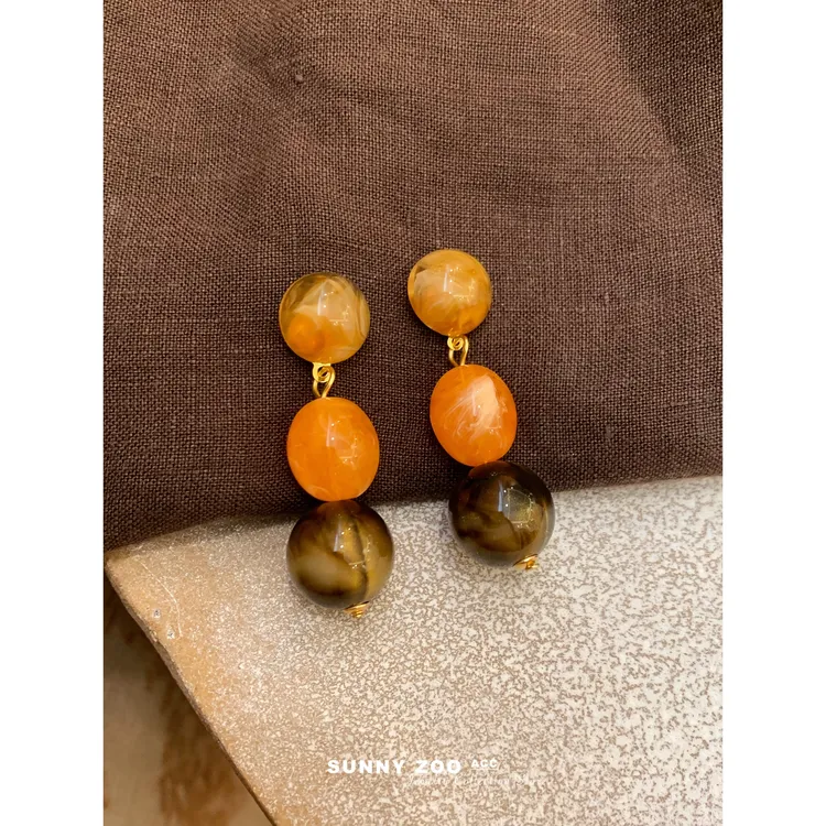 铜合金耳饰 落日晚霞 彩色树脂落日橘耳钉新中式小众设计感耳饰