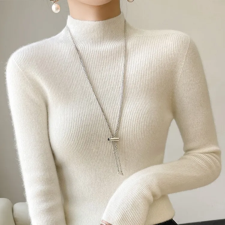 半高领女款秋冬新款混纺羊毛针织打底衫韩版套头女士修身收腰时尚