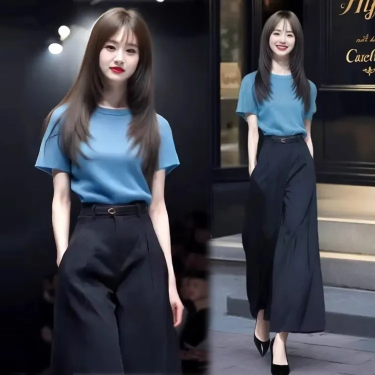 拉夏贝尔时尚套装女2025夏新款洋气短袖T恤高腰阔腿裤气质两件套
