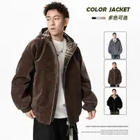 格纹拼接连帽大码夹克男复古潮流宽松秋季休闲加肥加大雪尼尔外套