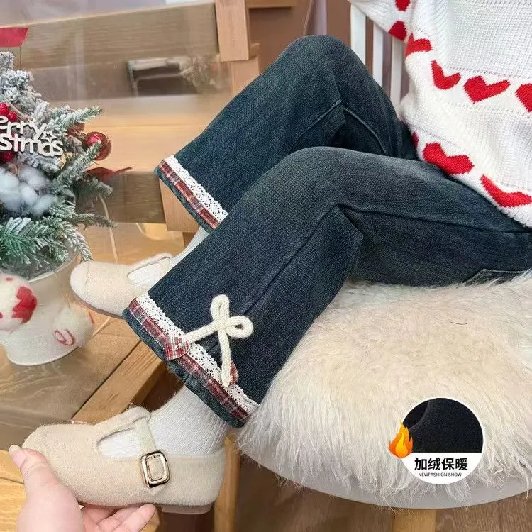 女童加绒裤子秋冬装儿童加厚喇叭裤2025新款宝宝一体绒休闲牛仔裤