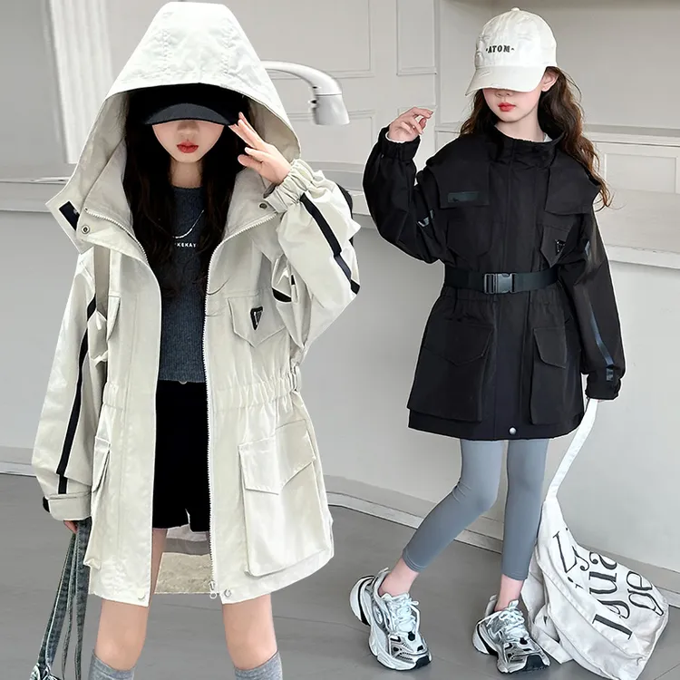 女童春秋风衣外套中长款2025新款洋气韩版儿童秋装大童女孩连帽衫
