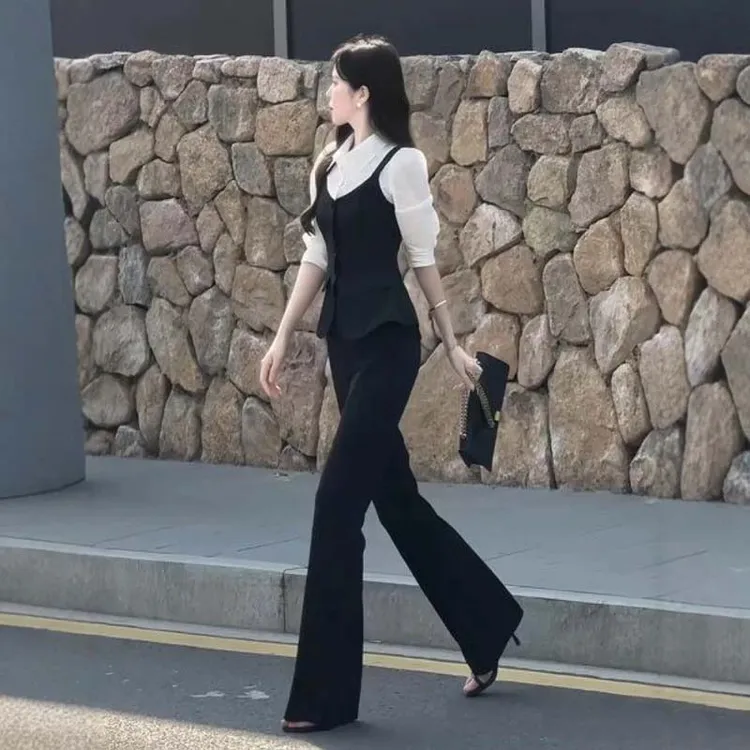 【两件套】高级感职业女裤套装2025干练气质假两件上衣+裤子D3370