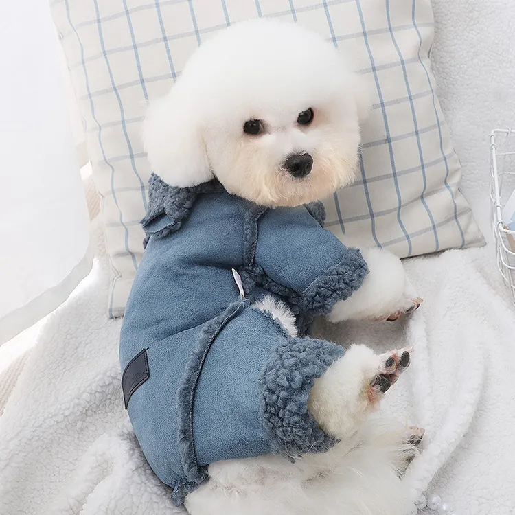 狗狗衣服2024新款秋冬中小型泰迪比熊加绒时尚毛领麂皮保暖四