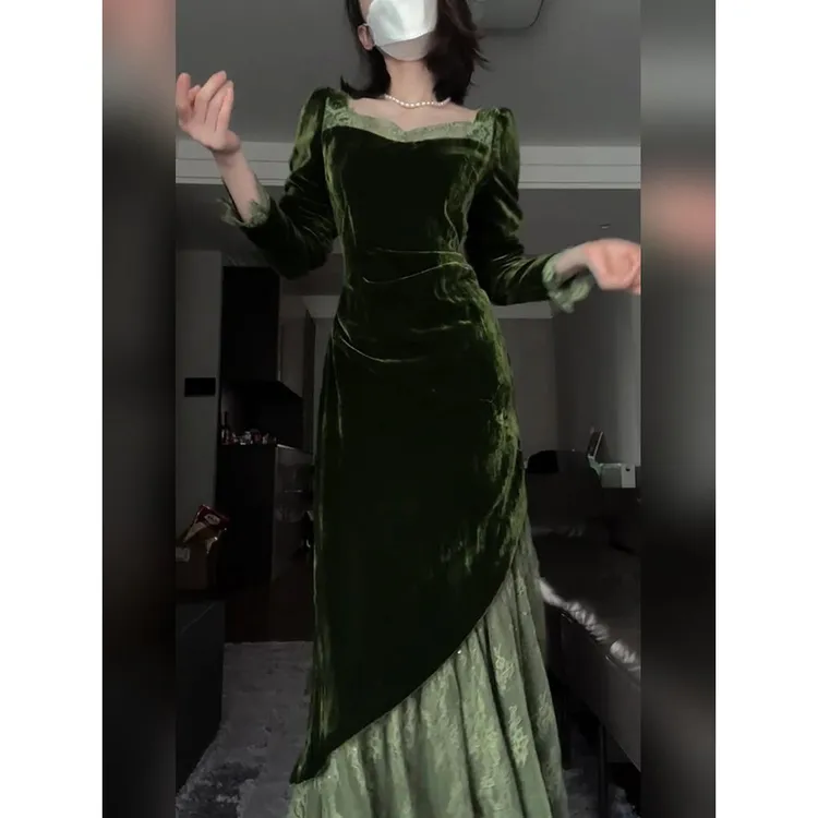 复古优雅风绿色蕾丝拼接丝绒连衣裙女秋冬高级感收腰显瘦鱼尾长裙