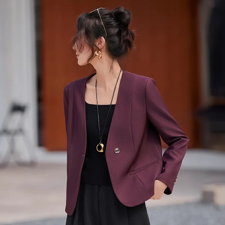 安可拉红色短款西装外套女士春秋2025新款小个子简约无领西服上衣