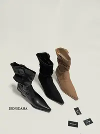 DENGDAHA法式尖头西部牛仔骑士靴褶皱堆堆靴百搭气质短筒靴933-2