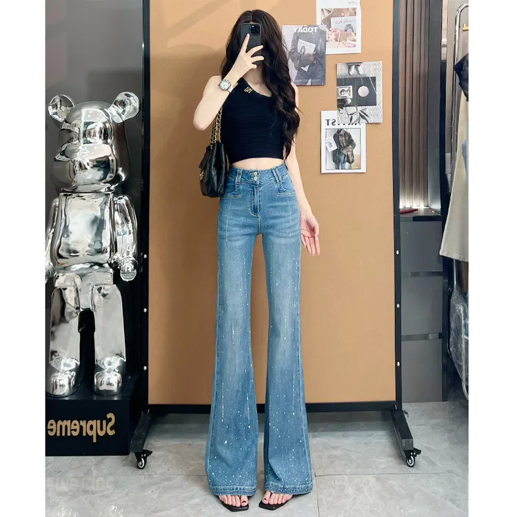 喜绚不贴腿烫钻喇叭牛仔裤女2025年春秋新款薄款辣妹高街爆款裤子