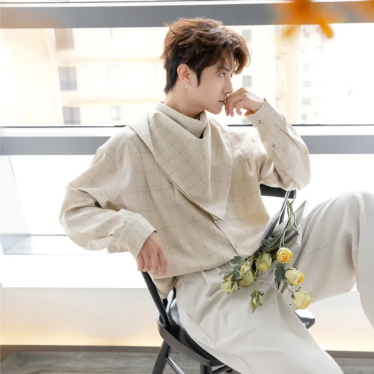 CHICERRO西西里男装设计师款英伦风围巾可拆卸格纹长袖衬衫男高级