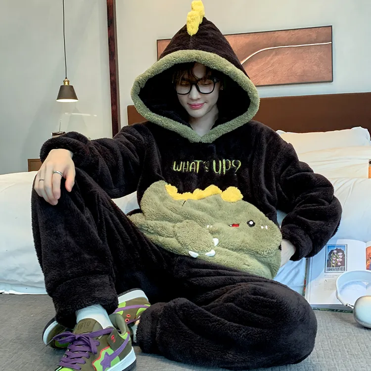 大码珊瑚绒睡衣男士秋冬季加绒加厚冬天青少年男生家居服套装外穿