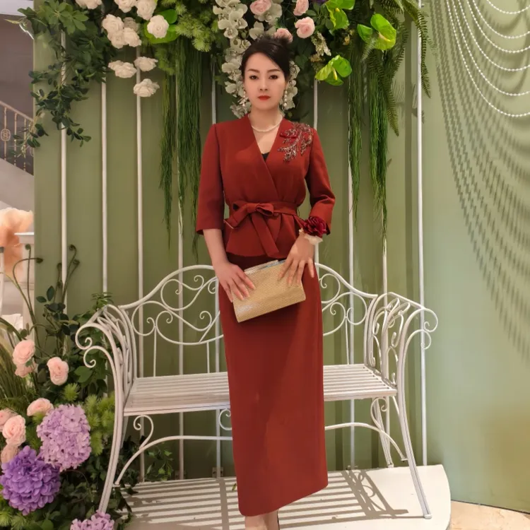 欧妃媛25009中长款立领日常铅笔裙流光喜婆婆妈妈装2025新款爆款