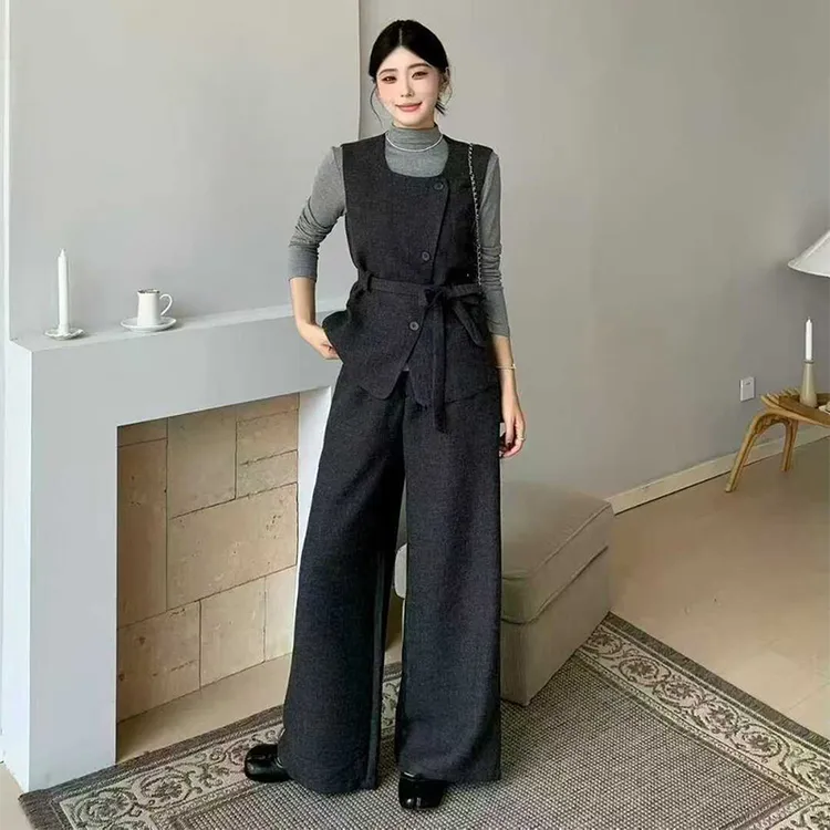 实体档口时尚套装女羊毛呢西装马甲背心2025秋季阔腿西装裤三件套