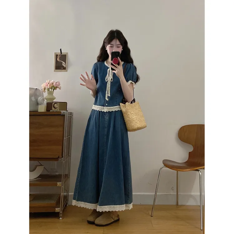 大码韩剧穿搭套装女夏季蕾丝牛仔上衣胖MM遮肚显瘦半身裙子两件套