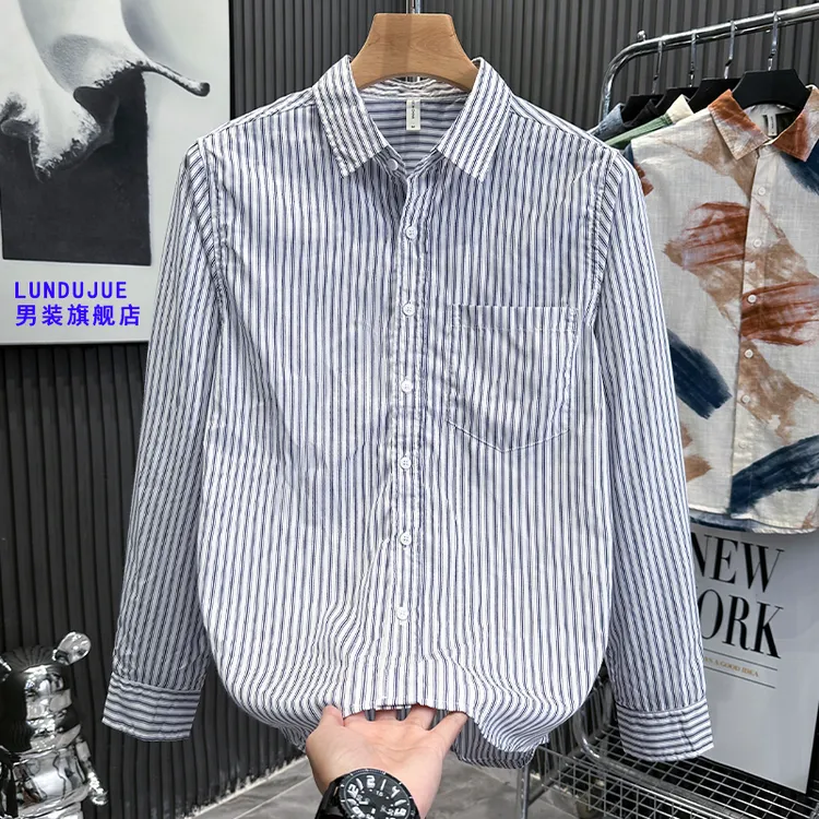 春秋款简约小细条长袖衬衫男士复古竖条纹通勤衬衫闲衬衣翻领寸衫