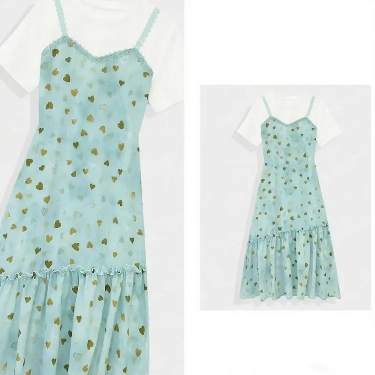 设计师新款高级感气质女装拼重工爱心假两件显瘦气质连衣裙