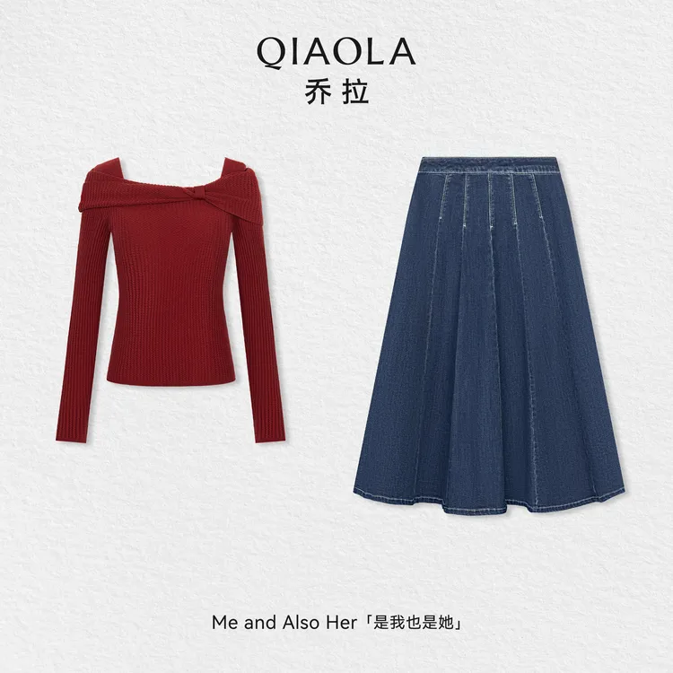 QIAOLA/乔拉【维港画廊】秋冬绵羊毛时尚简约百搭上衣牛仔A字长裙