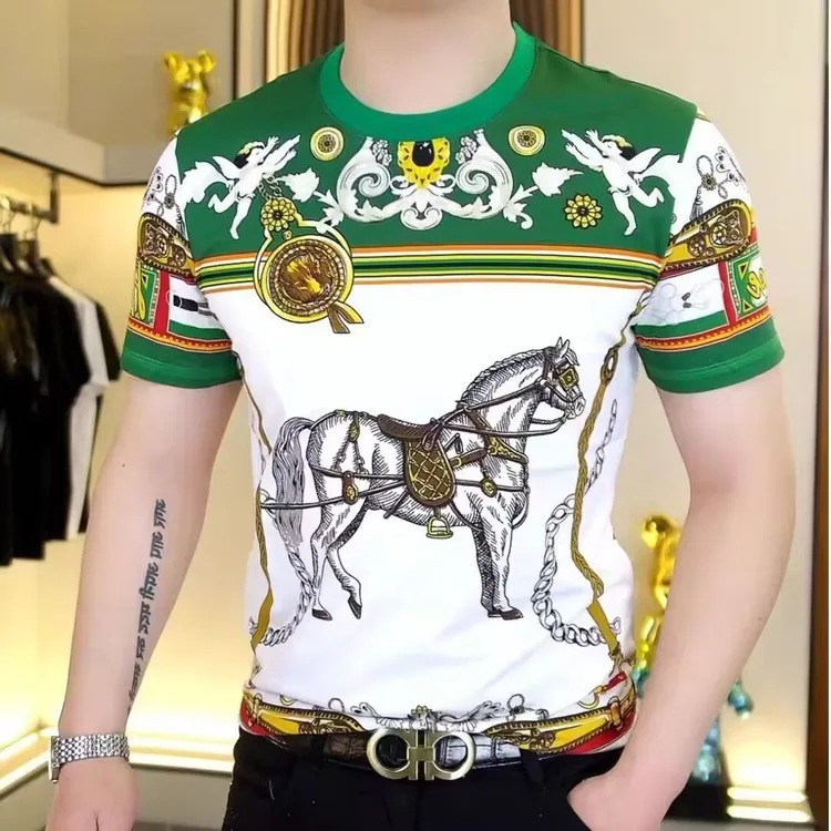 唐传明2025夏季欧货战马烫金轻奢上衣潮流印花修身男士短袖t恤