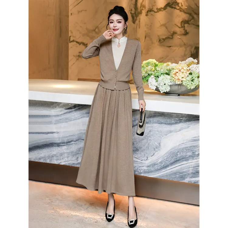 羊毛新中式国风水滴领套装裙女2025早秋新款知性风新中式羊毛开衫