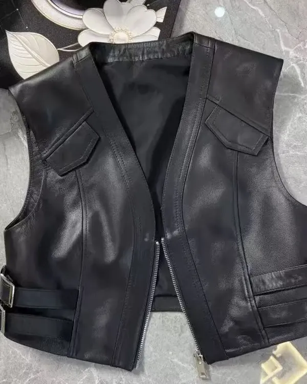 新款休闲真皮马甲女外穿宽松韩版绵羊皮无袖坎肩洋气2025短款外套