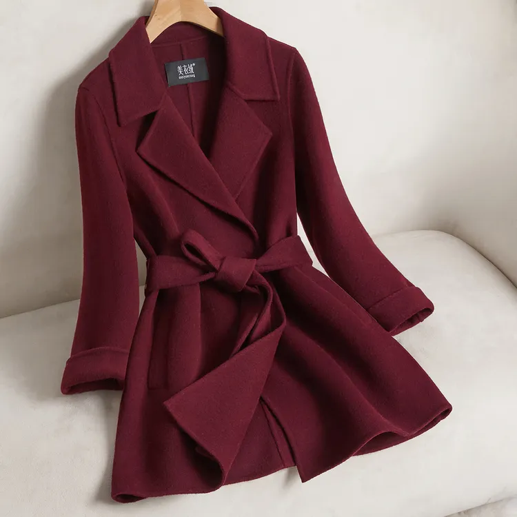 拉菲红双面羊绒大衣女中长款2025新款小个子修身气质羊毛呢外套