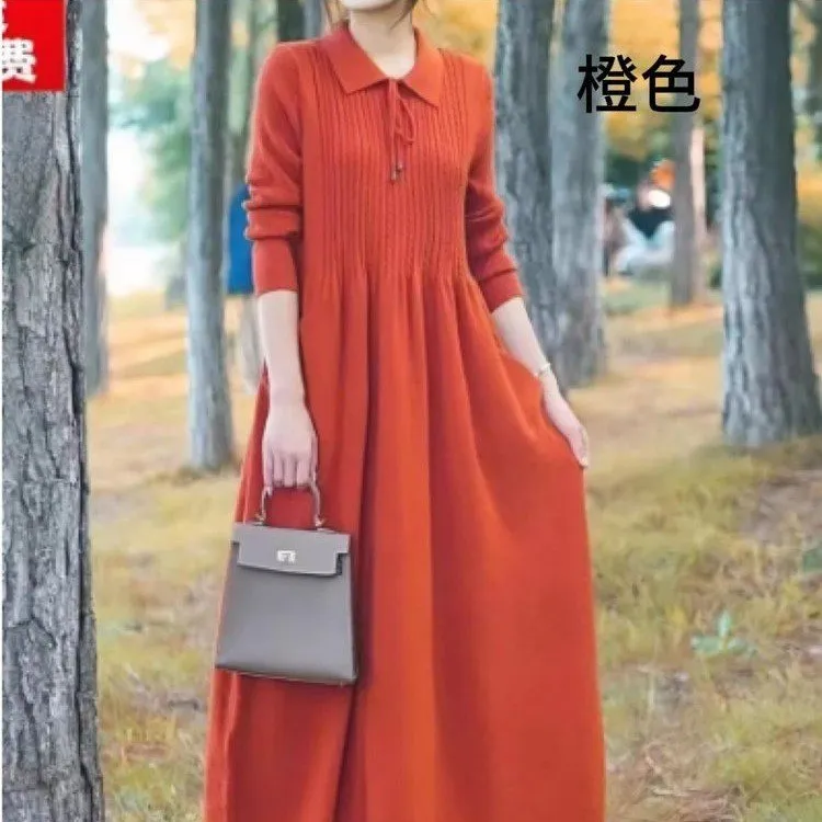 妈妈连衣裙洋气百搭毛衣裙长款过膝针织上衣秋冬新款加厚打底衫女