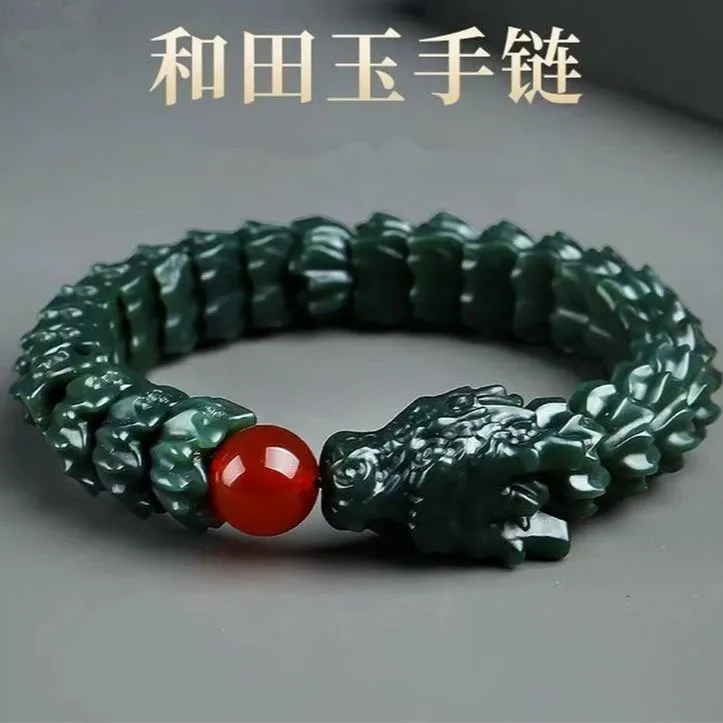 新款正品新疆和田玉手链男女款青玉盘龙青花玉石手串生日礼物送