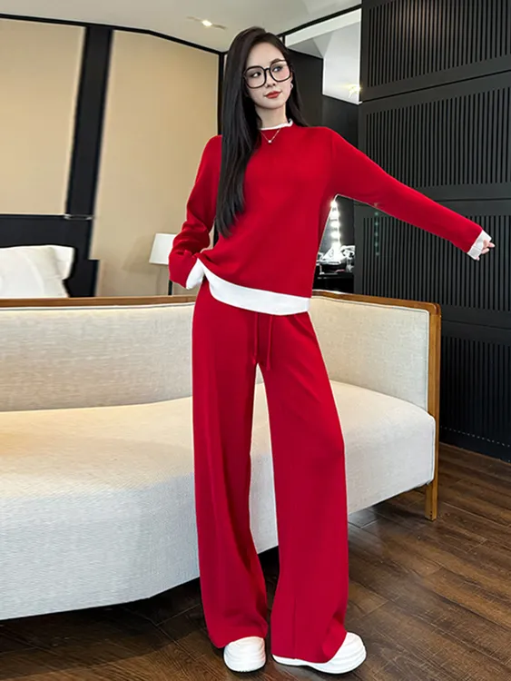 红色休闲运动套装女秋季宽松显瘦减龄针织上衣高腰阔腿裤两件套潮