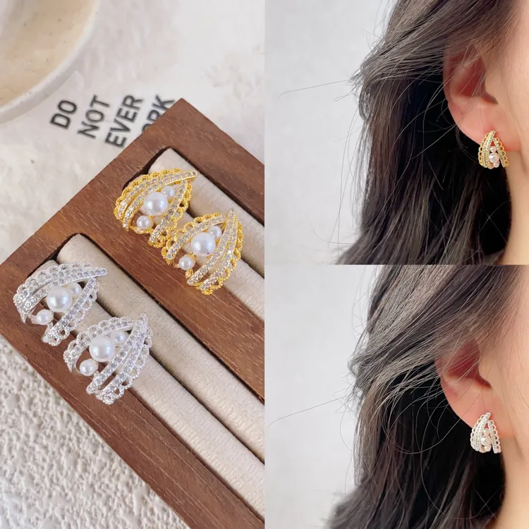 铜合金合成锆石耳饰 轻奢蕾丝珠珠耳环新款高级感小众ins设计耳钉