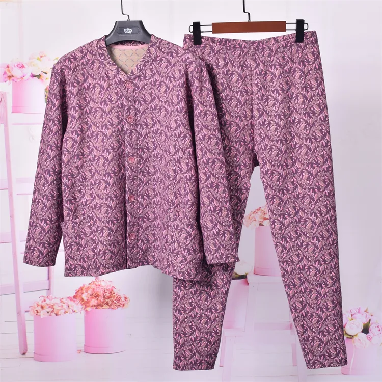 中老年女冬加绒保暖衣套装暖气屋中厚开襟家居服保暖衣散口保暖裤