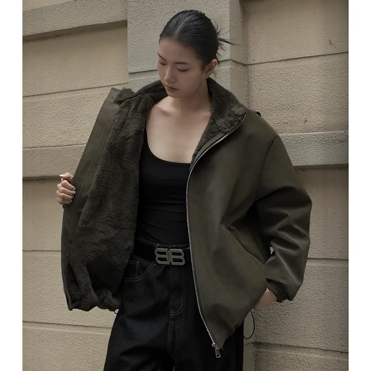 美式立领雾面pu皮夹克加绒外套男女款设计感座山雕宽松高级感上衣