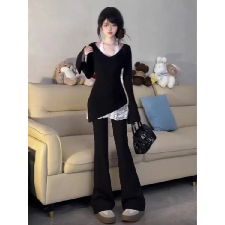 裙子春季黑色女欲风辣妹长袖针织上衣蕾丝背心微喇阔腿裤三件套