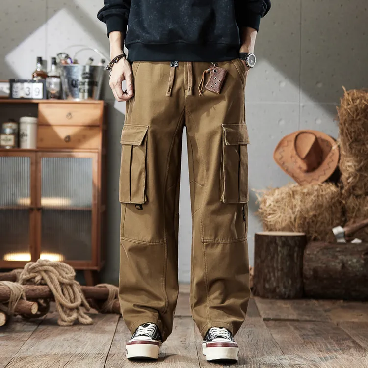 高端水洗美式重磅纯棉工装裤男士秋冬季新款宽松直筒多口袋休闲裤