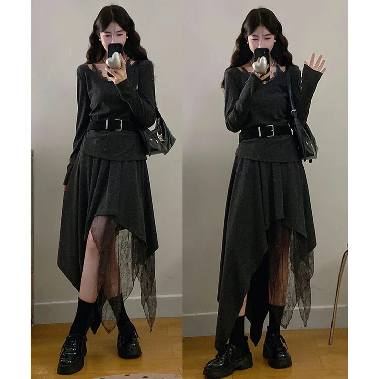 大码胖mm女装法式慵懒风蕾丝拼接上衣设计感不规则显瘦长裙套装女