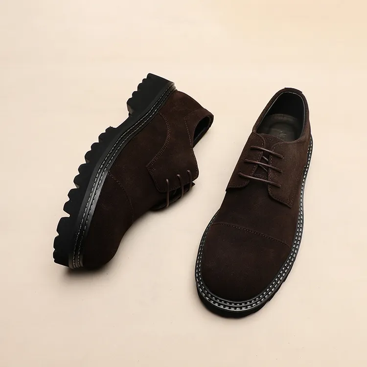商务时尚百搭圆头休闲皮鞋男士英伦风磨砂皮素面鞋子纯色黑色厚底