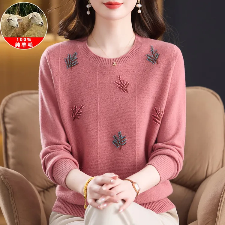 妈妈羊毛衫女100纯羊毛洋气绣花短款毛衣秋冬圆领宽松针织打底衫